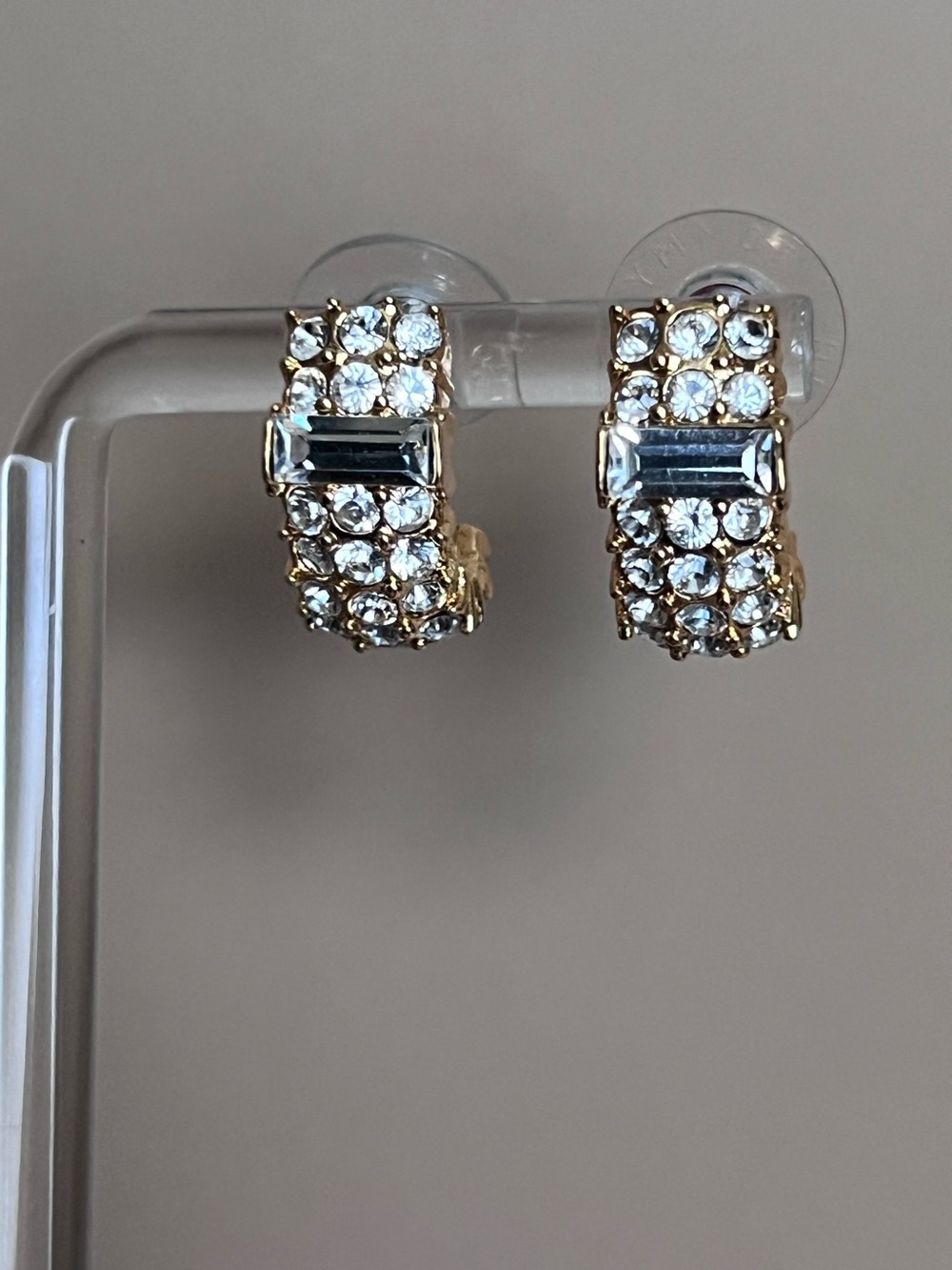 Vintage Gold Tone Pave Rhinestone J-Hoop Earrings with Baguette Center